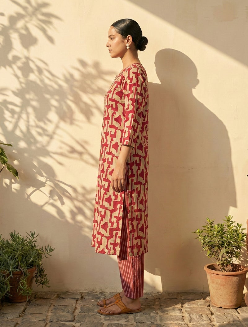 trueBrowns Pink Abstract Print Embroidered Kurta Pant Dupatta Set - Image 3